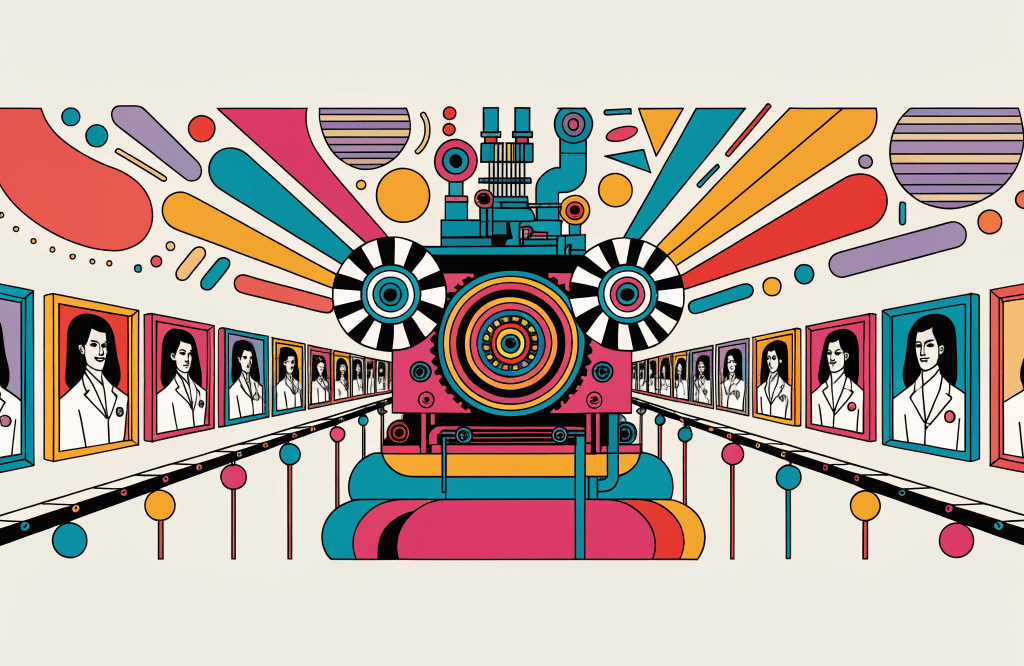 Retro pop-art editorial illustration of a vintage industrial stamping press producing a long line of identical framed surgeon portraits on conveyor belts, in the visual style of 1970s editorial illustration