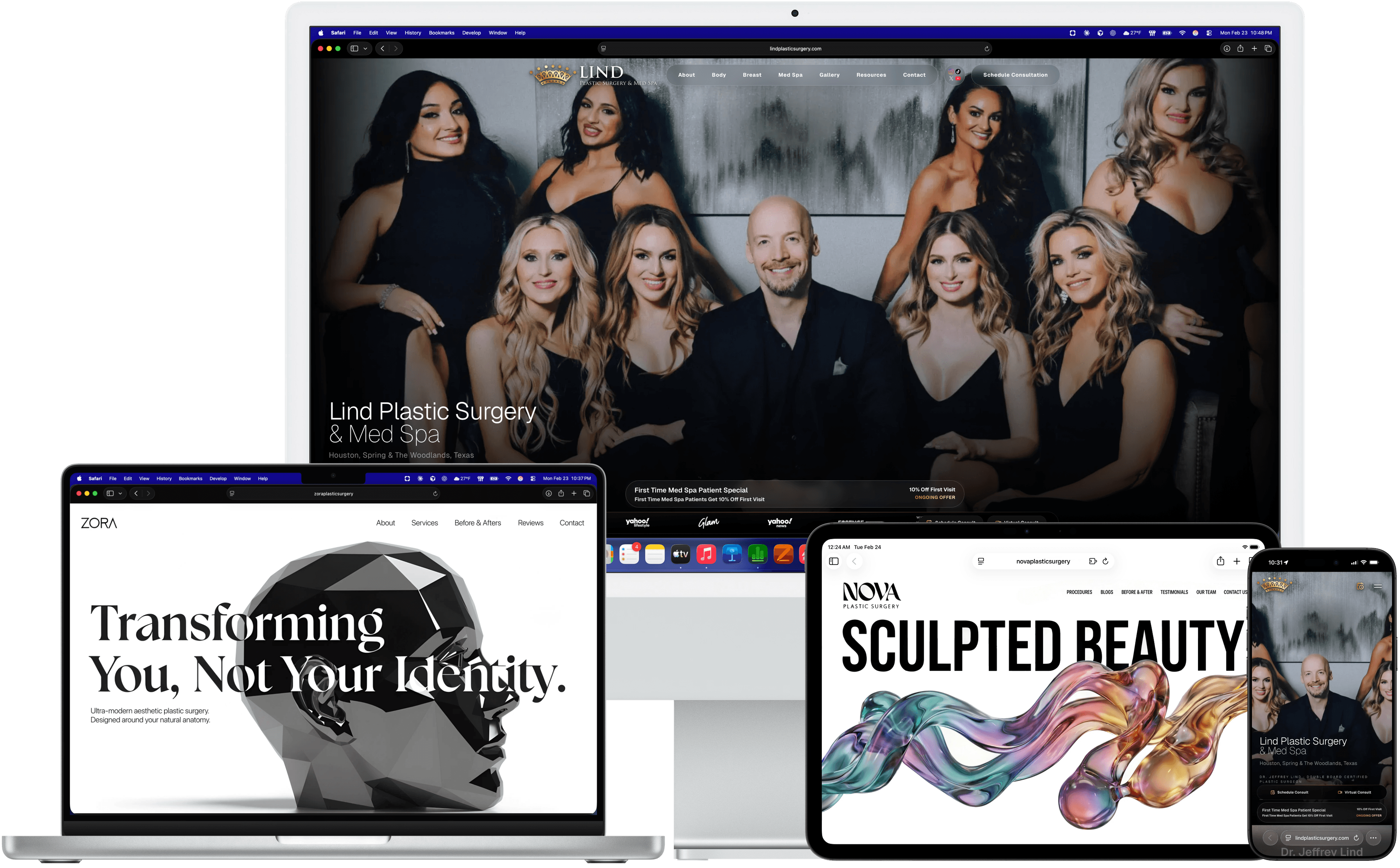 Plastic surgery website design mockups by AestheticOS shown on an iMac, MacBook Pro, iPad Pro, and iPhone Pro Max.