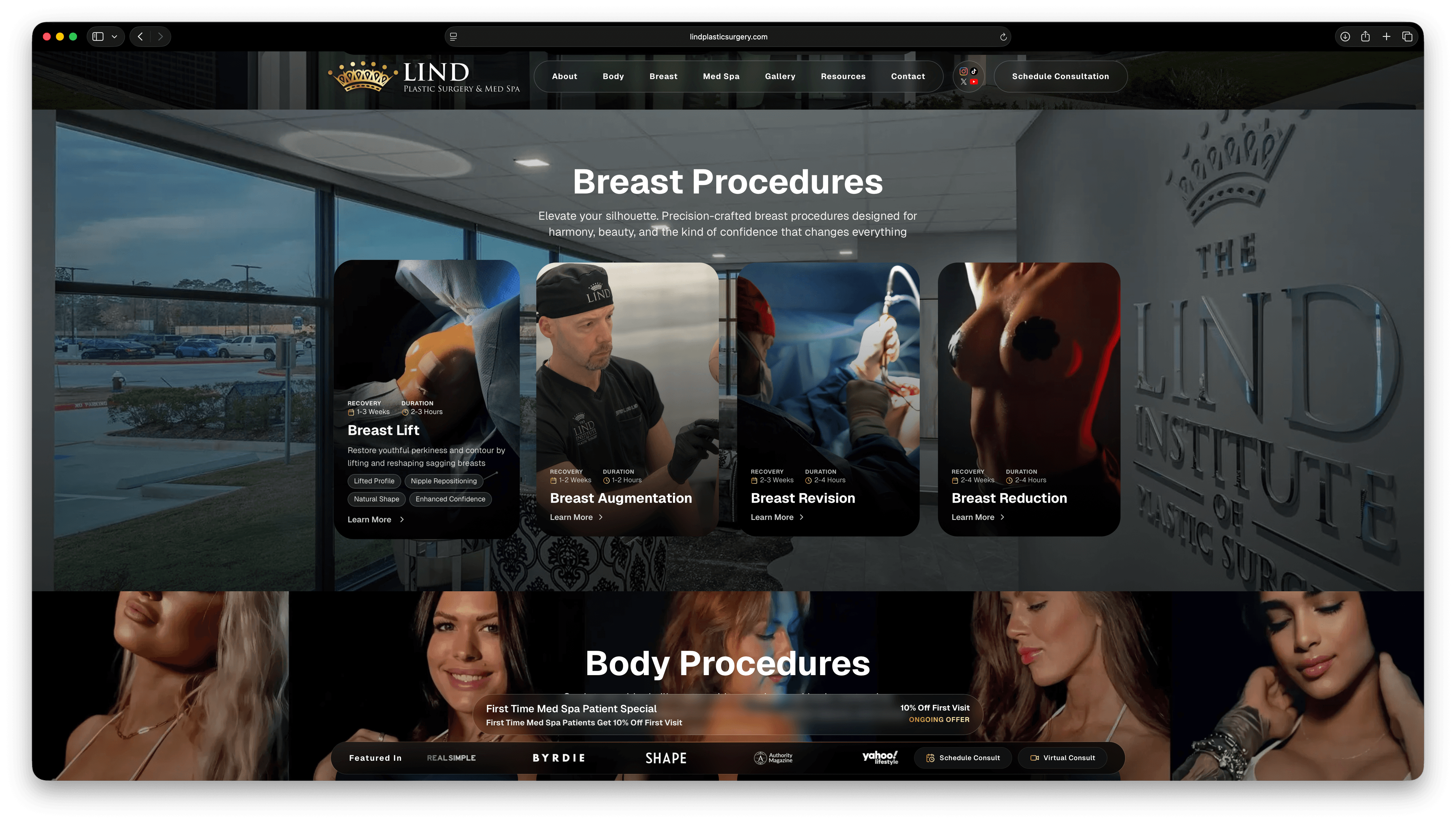 Redesigned breast procedures section with an organized grid and real imagery
