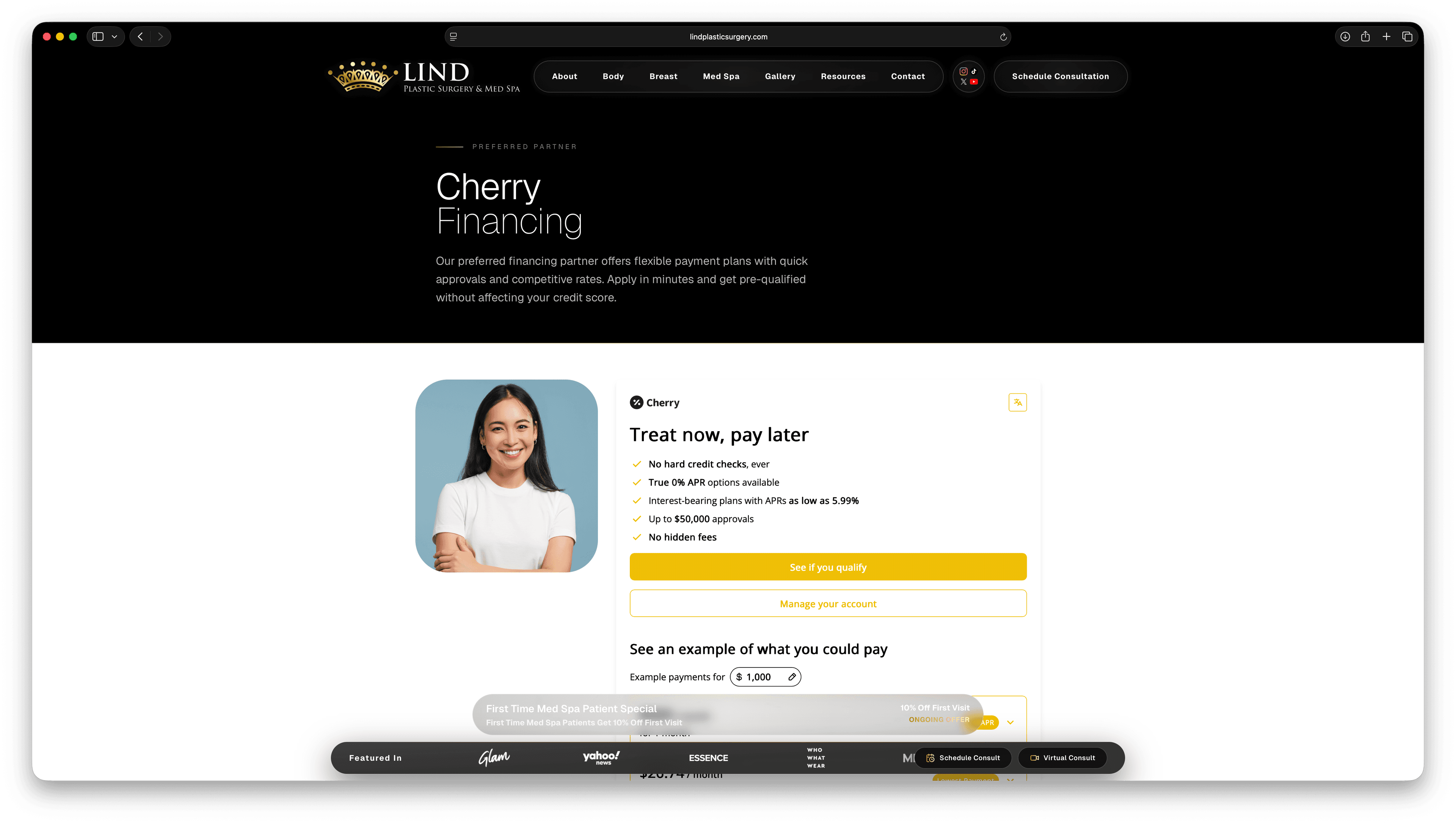 Redesigned financing page with Cherry Financing integration and payment calculator