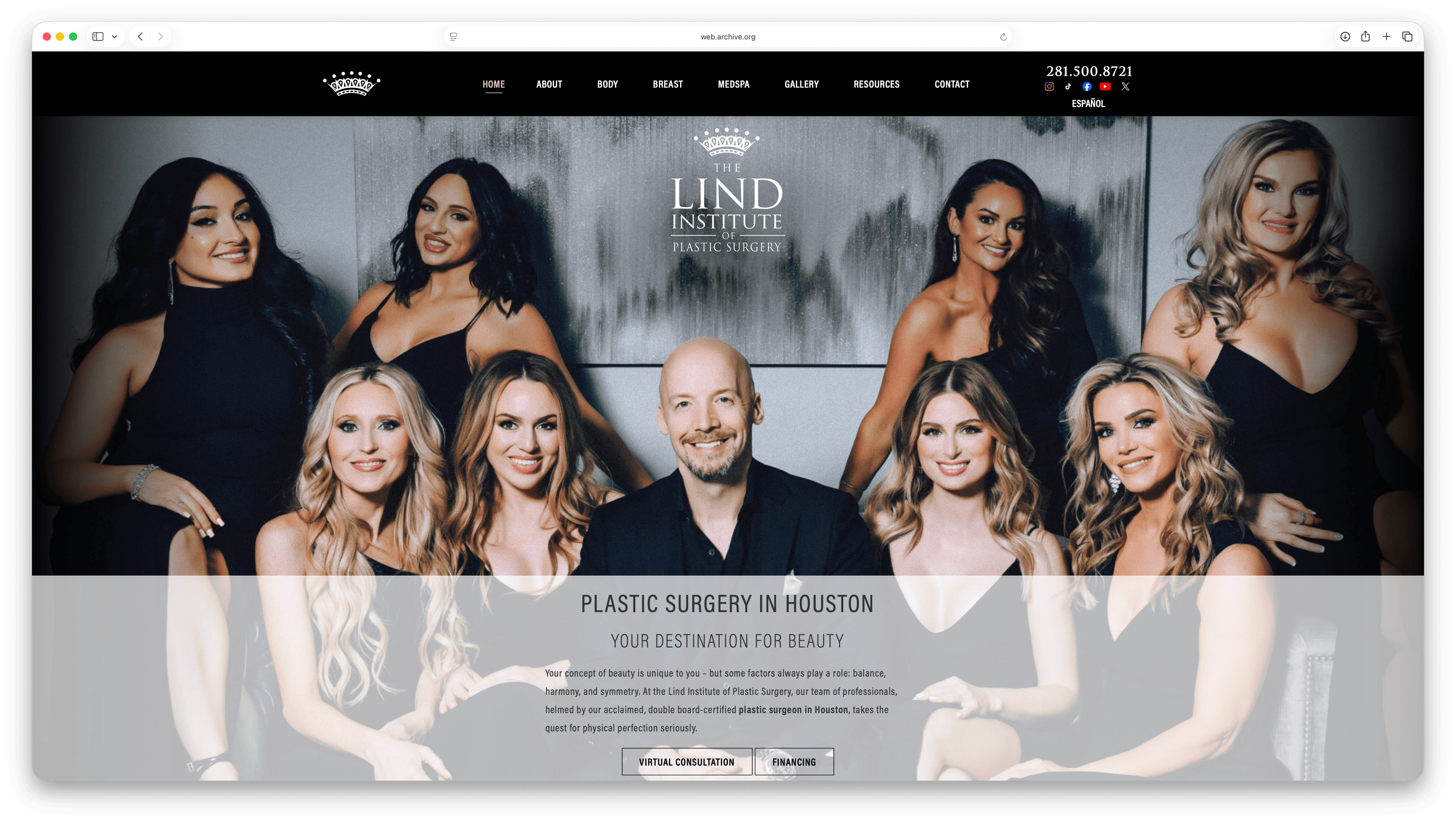 Lind Plastic Surgery original homepage with centered layout and small text