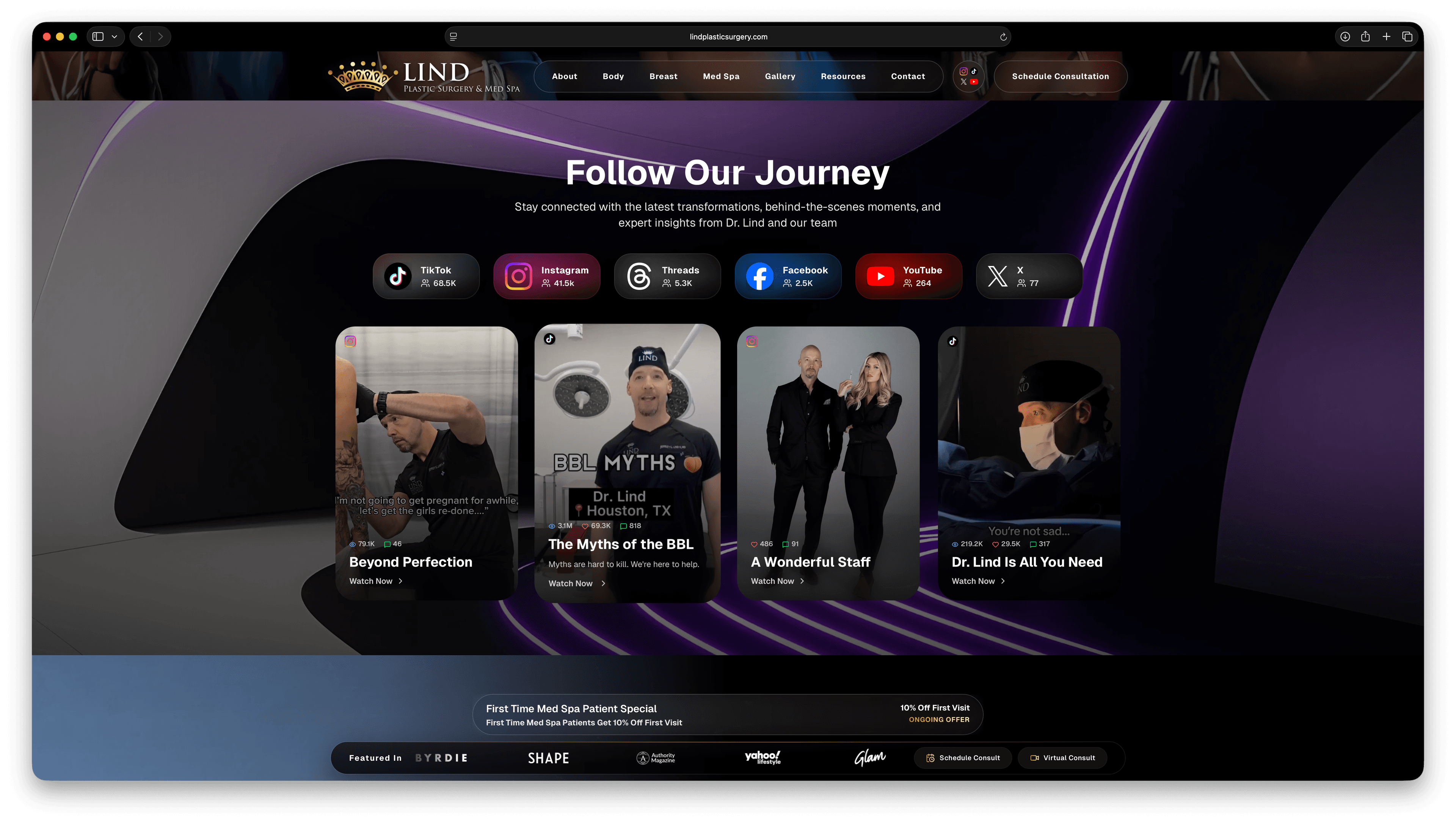 Lind Plastic Surgery social media hub featuring TikTok, Instagram, Threads, Facebook, YouTube, and X integration