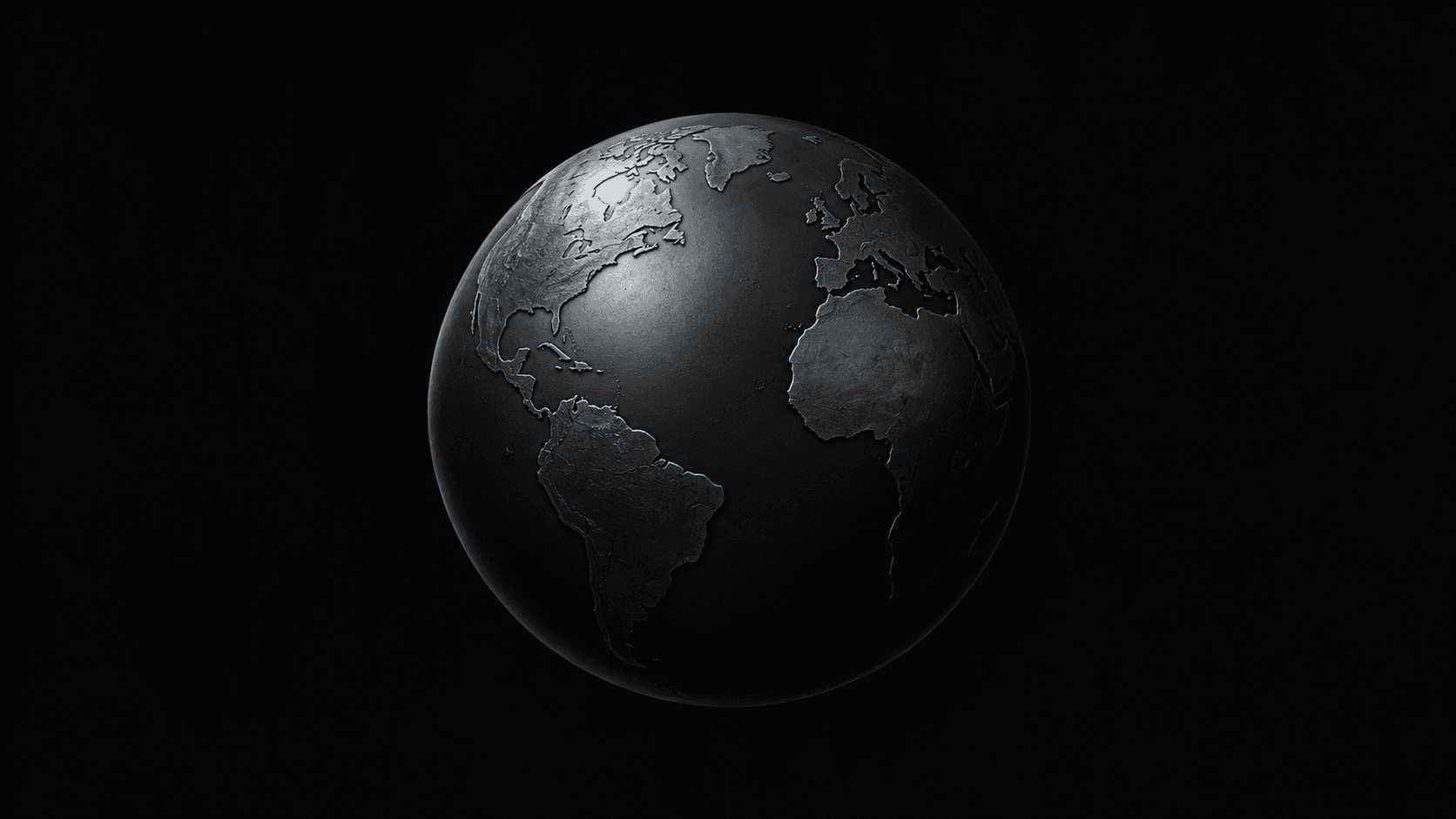 This image features a dark, metallic 3D rendering of the Earth centered against a pure black background. The continents appear slightly raised with a textured, almost weathered surface, while the oceans are smooth and highly reflective, giving the globe a sleek, monochromatic appearance.