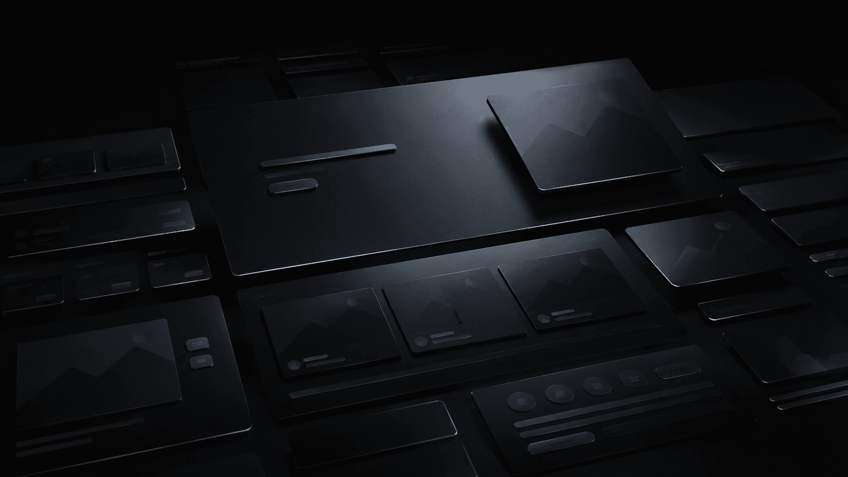 This image features a dark, sleek 3D rendering of various website user interface elements, including cards, buttons, and image placeholders, arranged in a grid-like layout.