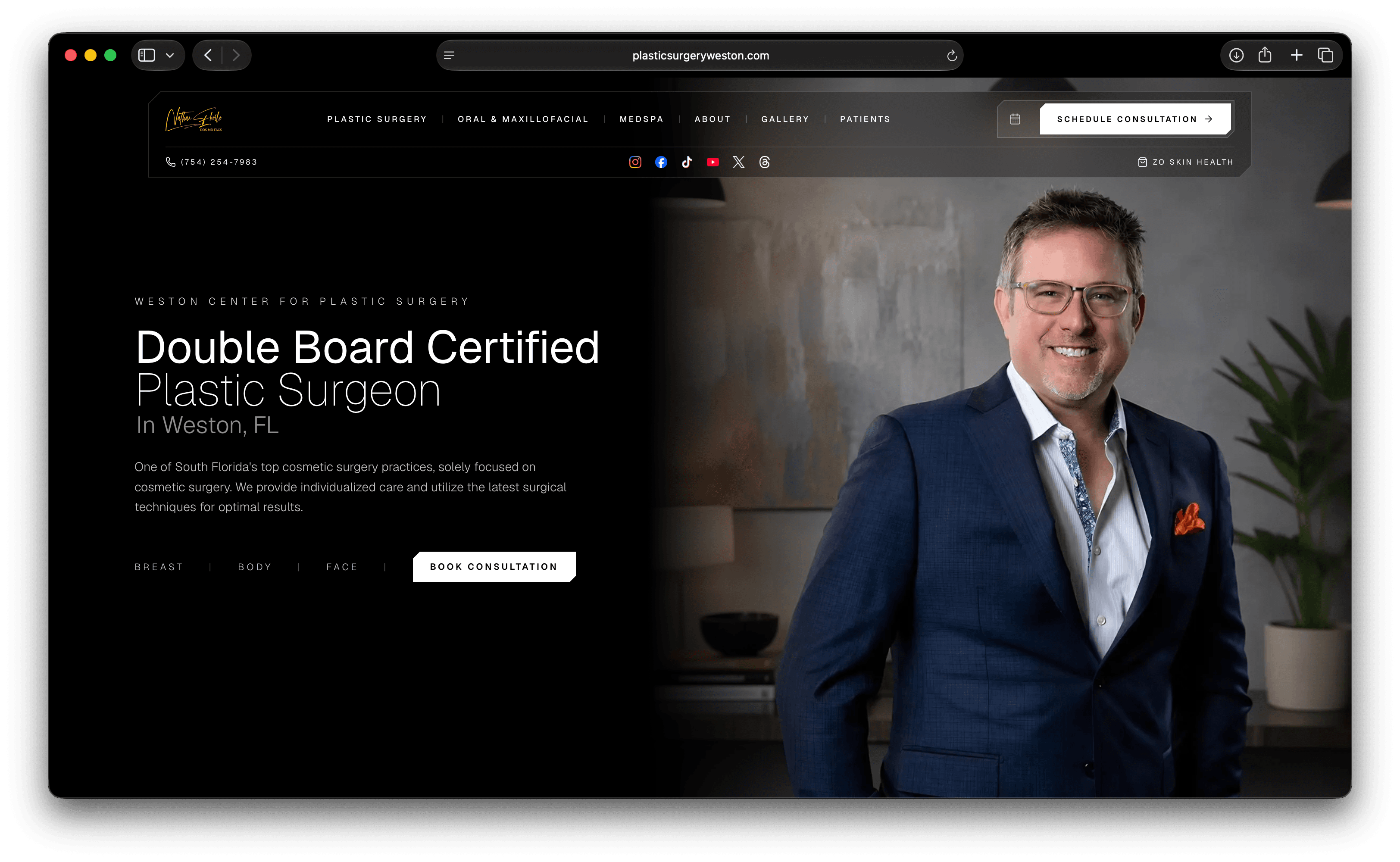 Weston Center for Plastic Surgery homepage, a black and gold hero introducing a double board certified plastic surgeon