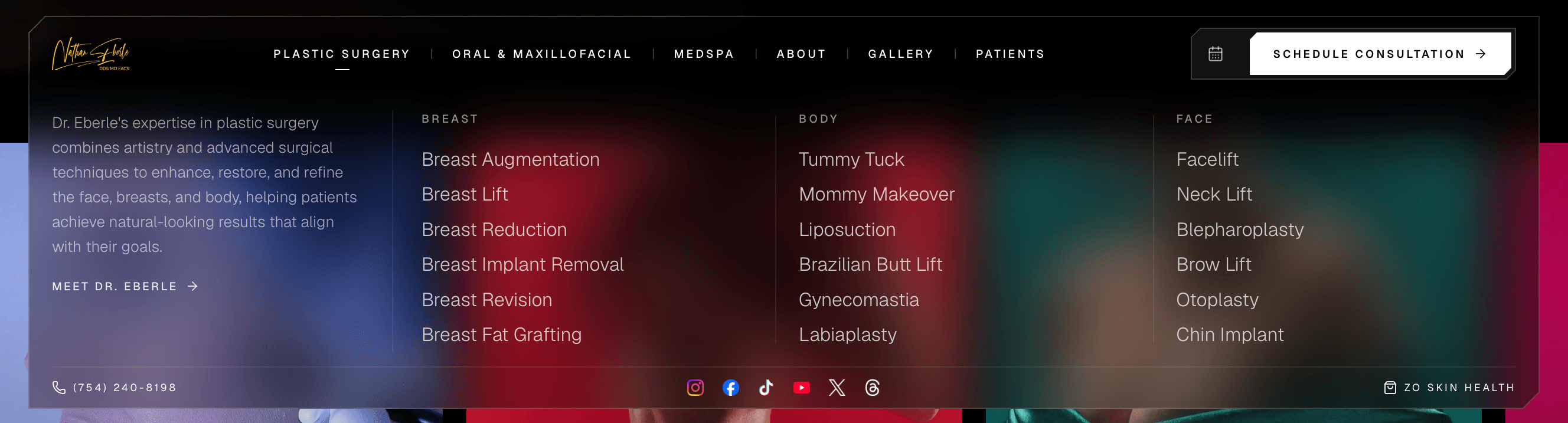Mega-menu navigation on the Weston plastic surgery website redesign