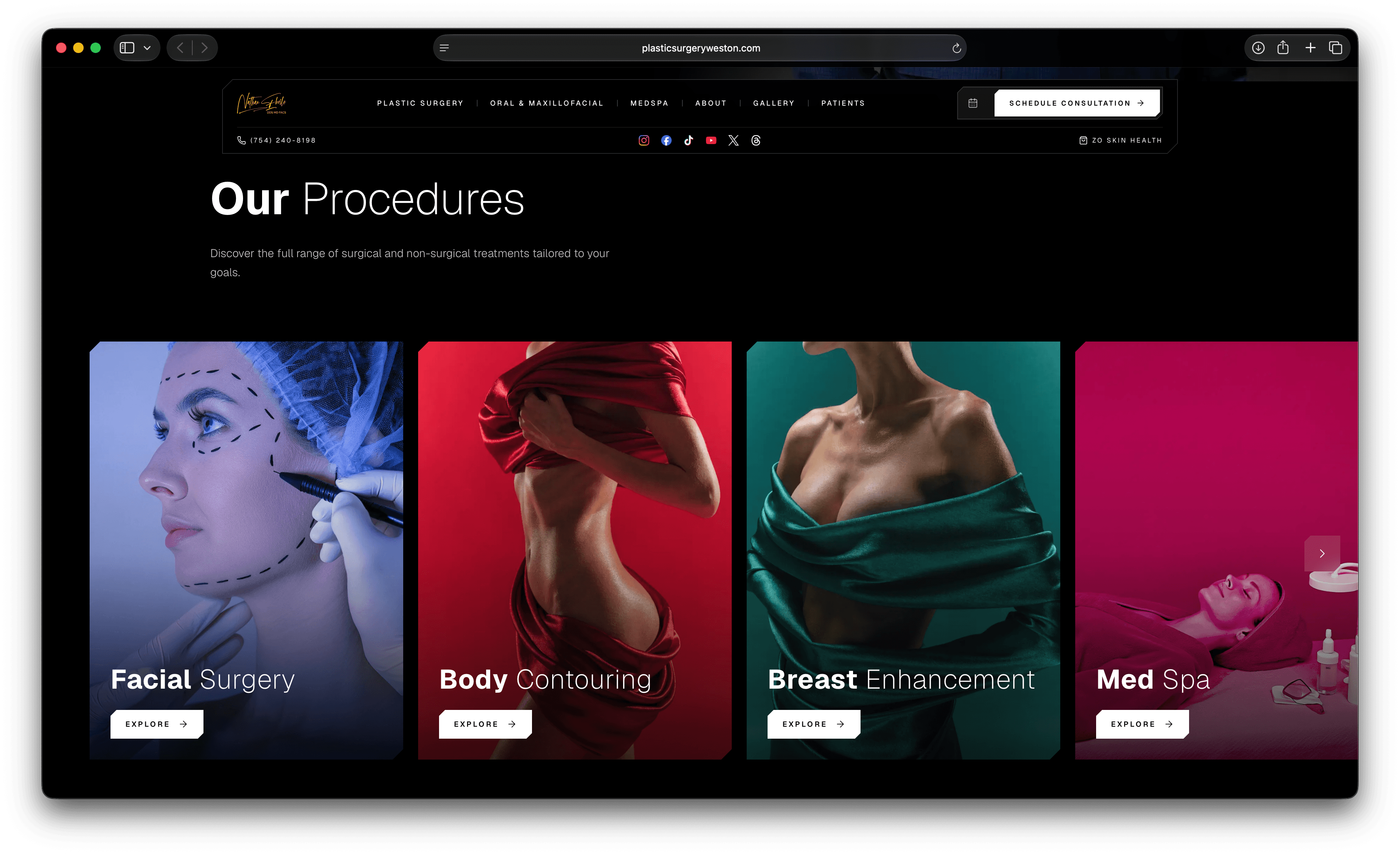 Color-coded procedure category cards on the Weston plastic surgery website redesign
