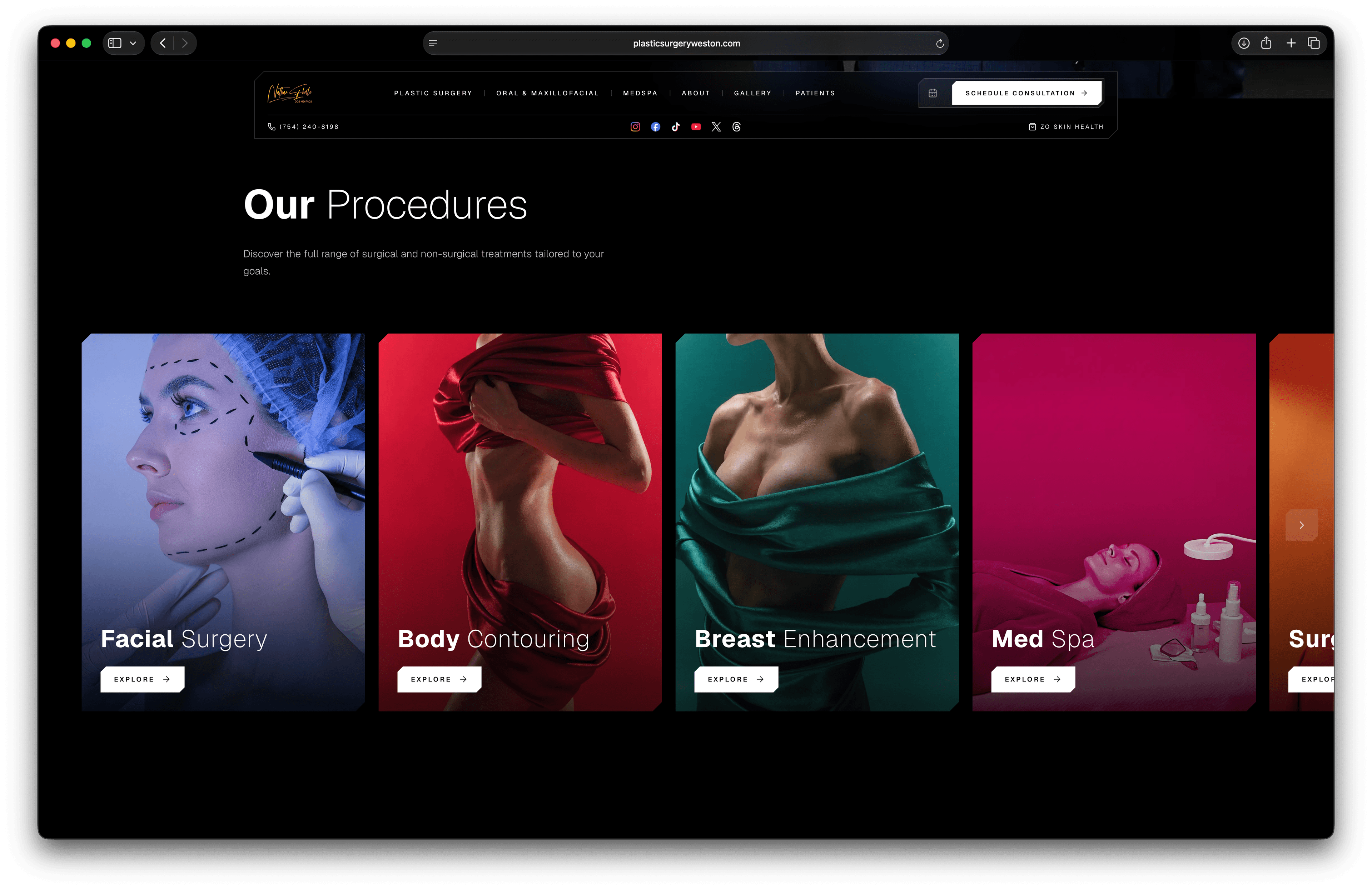 Color-coded procedure category cards on the Weston plastic surgery website redesign