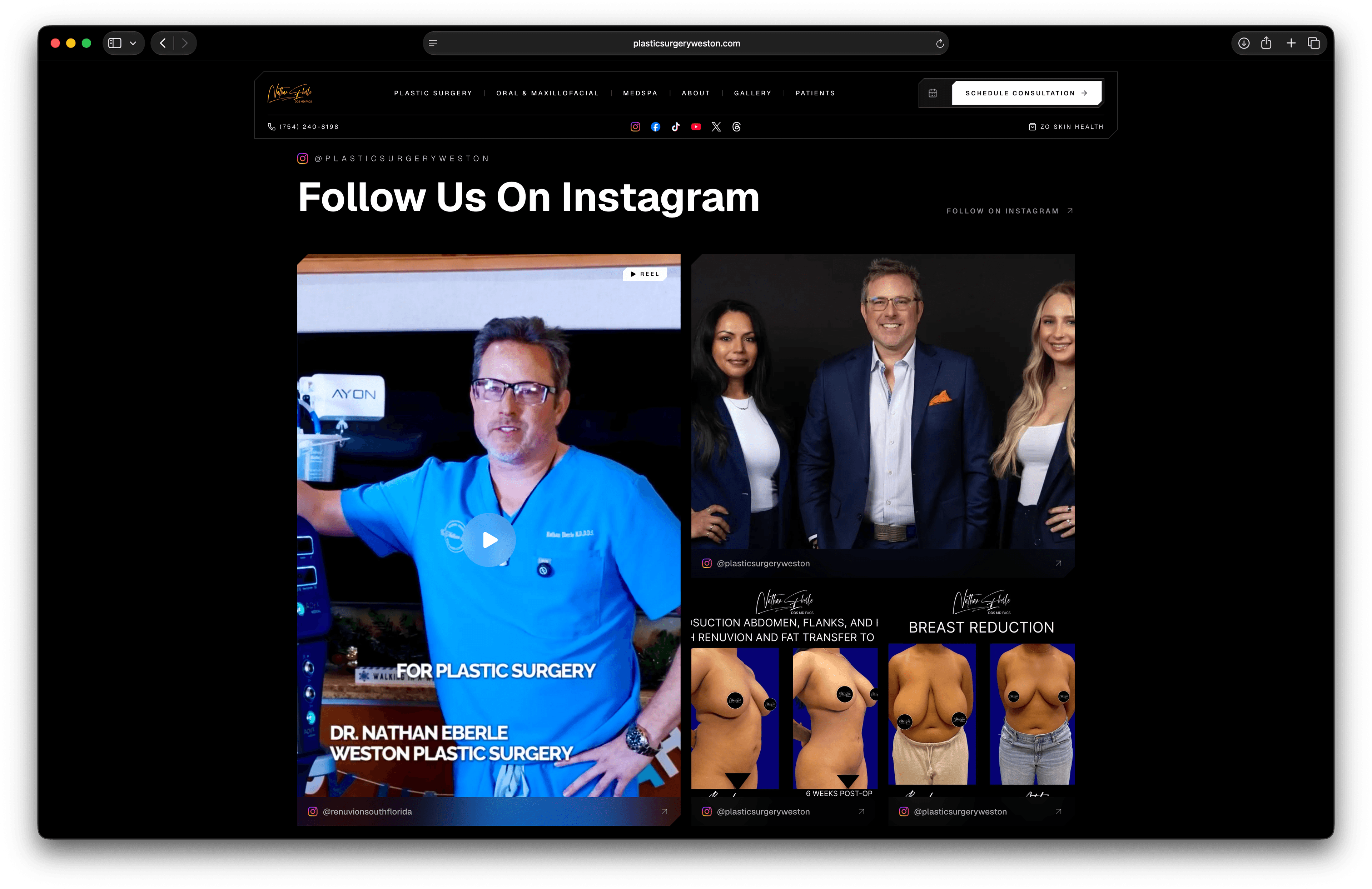 Instagram integration hub on the Weston plastic surgery website redesign