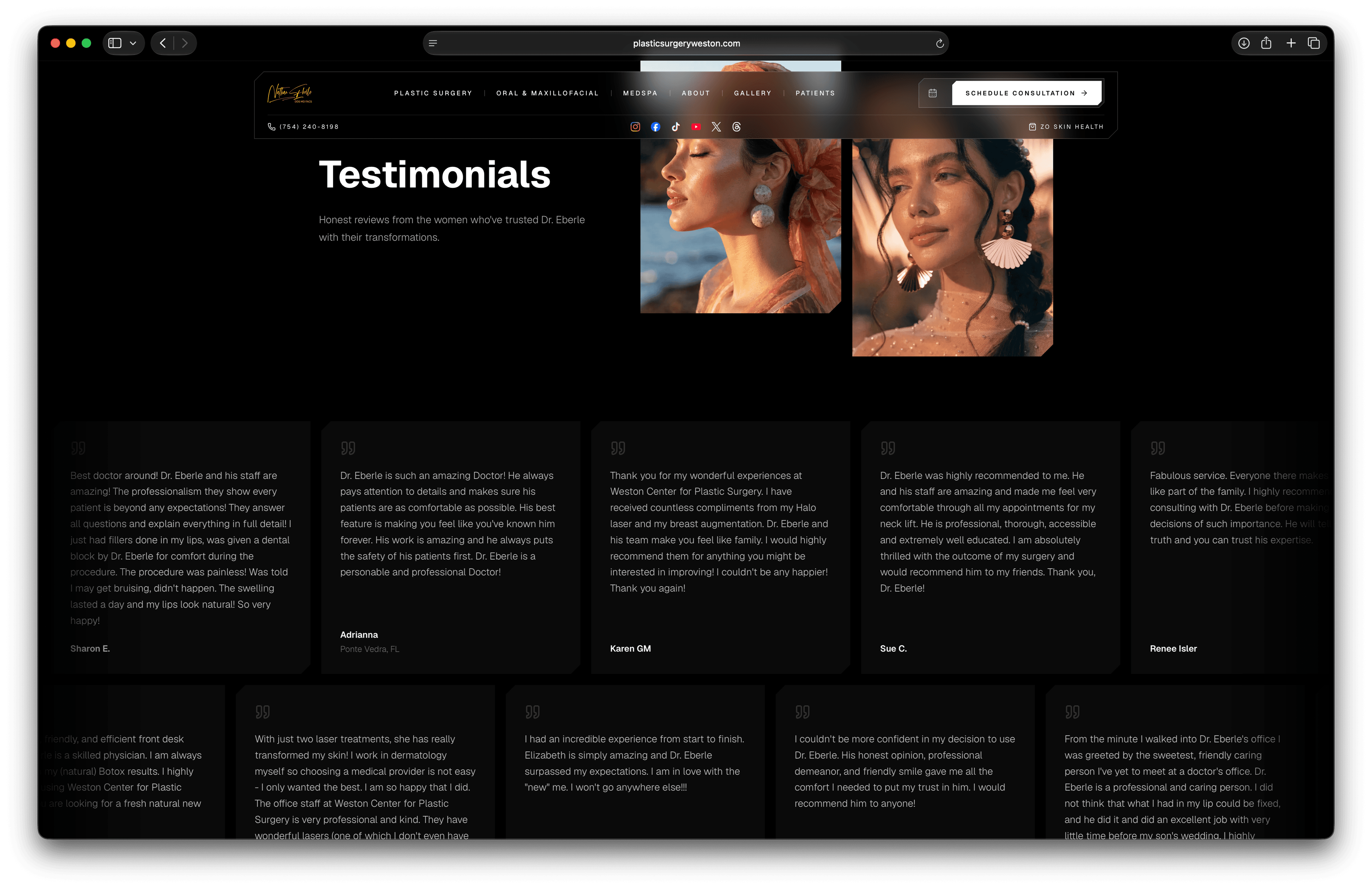 Patient testimonial marquee on the Weston plastic surgery website redesign