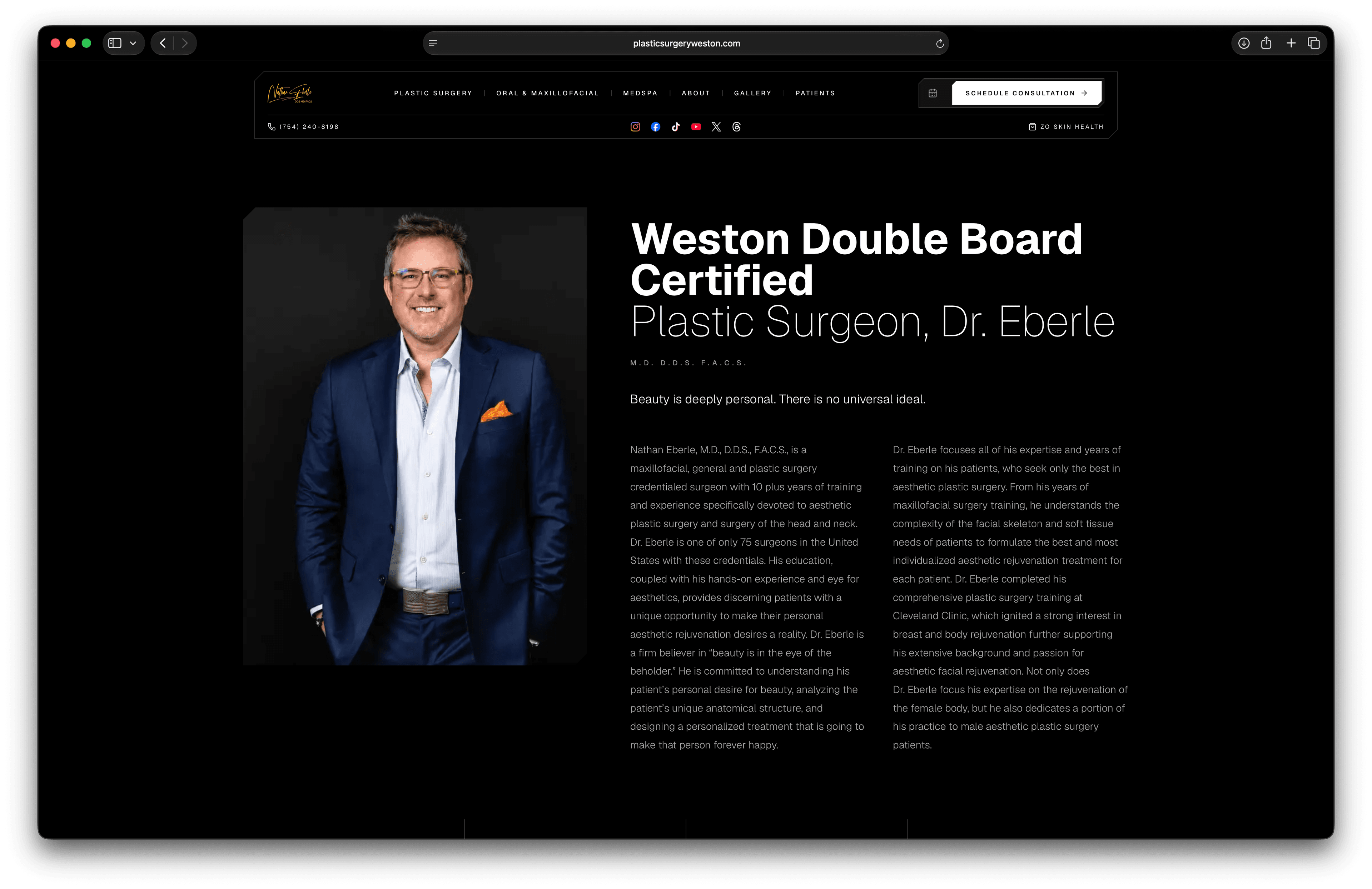 Dr. Eberle biography section on the Weston plastic surgery website redesign